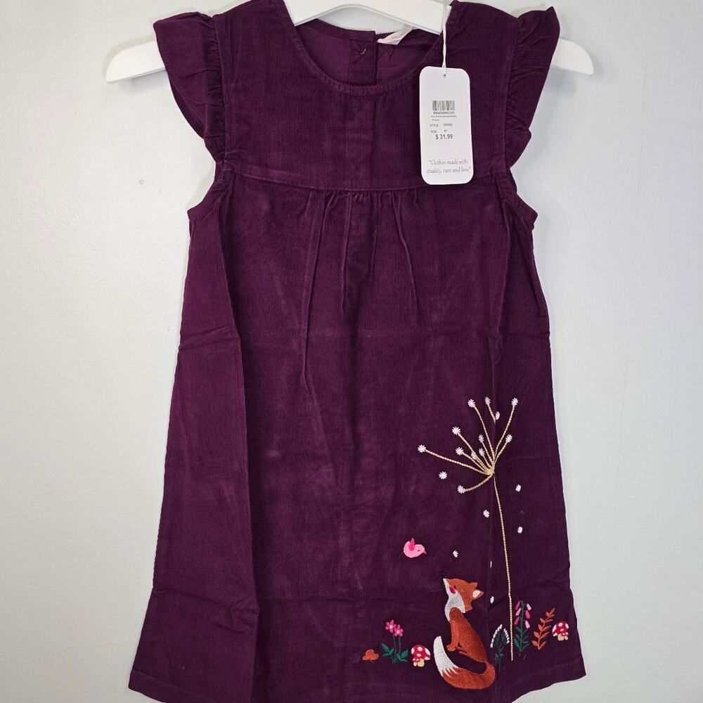 Beebay Girls Purple Corduroy Fox Embroidered Dress 6 years NWT